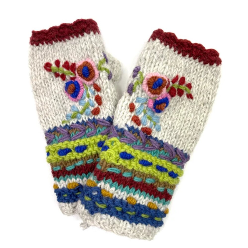 🌸🪶☮️Handcrafted Flower Embroidered Fingerless Gloves – Made in Nepal